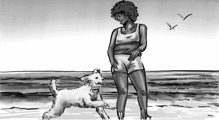 Person smiling at playful dog on a beach, evoking a joyful, relaxed summer moment.